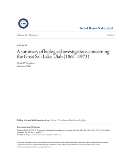 A Summary of Biological Investigations Concerning the Great Salt Lake, Utah (1861–1973) Doyle W