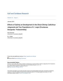 Effects of Salinity on Development in the Ghost Shrimp Callichirus Islagrande and Two Populations of C