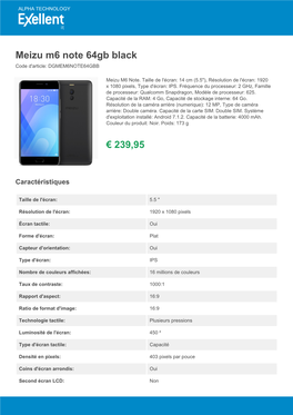 Meizu M6 Note 64Gb Black Code D'article: DGMEM6NOTE64GBB