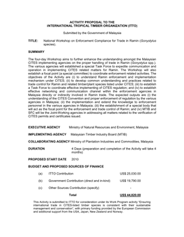 Activity Proposal to the International Tropical Timber Organization (Itto)