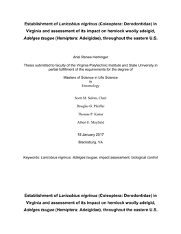 Establishment of Laricobius Nigrinus (Coleoptera: Derodontidae) In