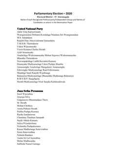 2020 Electoral District - 15 - Kurunagala Name of Each Recognized Political Party/Independent Group and Names of Candidates As Setout in the Nomination Paper