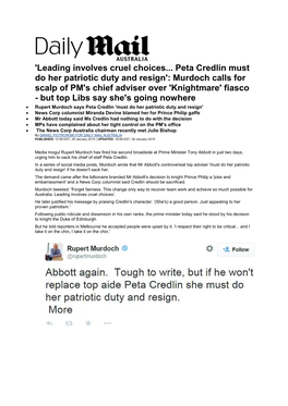 'Leading Involves Cruel Choices... Peta Credlin Must Do Her Patriotic Duty