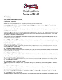 Atlanta Braves Clippings Tuesday, April 21, 2020 Braves.Com