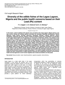 Diversity of the Edible Fishes of the Lagos Lagoon, Nigeria and the Public Health Concerns Based on Their Lead (Pb) Content