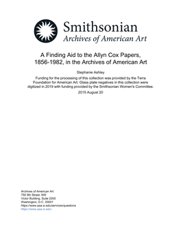 A Finding Aid to the Allyn Cox Papers, 1856-1982, in the Archives of American Art