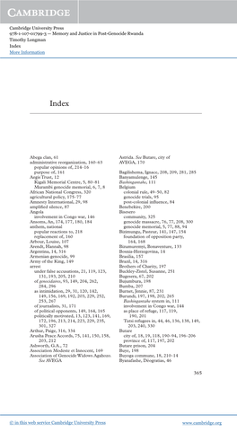 Cambridge University Press 978-1-107-01799-3 — Memory and Justice in Post-Genocide Rwanda Timothy Longman Index More Information 365