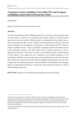 Transition in Chinese Building Trade (1840-1937) and Its Impact on Building Conservation in Present-Day China1