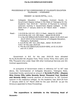 Proceedings of the Commissioner of Collegiate Education Telangana :: Hyderabad