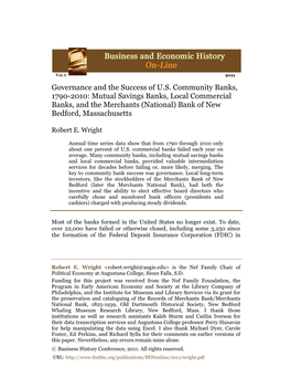 Mutual Savings Banks, Local Commercial Banks, and the Merchants (National) Bank of New Bedford, Massachusetts