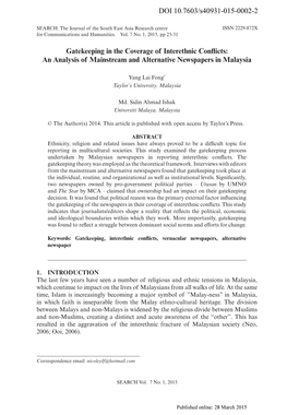 Gatekeeping in the Coverage of Interethnic Conflicts: an Analysis of Mainstream and Alternative Newspapers in Malaysia