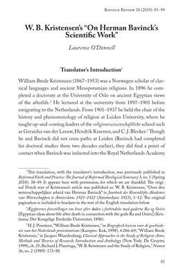 W. B. Kristensen's “On Herman Bavinck's Scientific Work”
