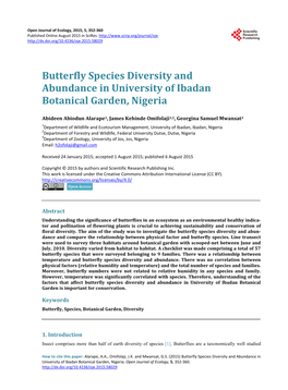 Butterfly Species Diversity and Abundance in University of Ibadan Botanical Garden, Nigeria