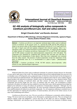 GC–MS Analysis of Biologically Active Compounds in Canthium Parviflorum Lam. Leaf and Callus Extracts International Journal Of