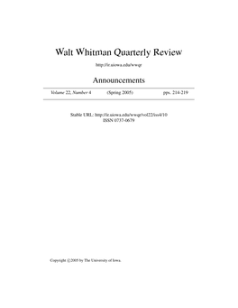 Walt Whitman Quarterly Review