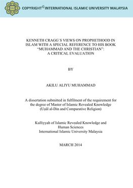 Kenneth Cragg`S Views on Prophethood in Islam with a Special Reference to His Book “Muhammad and the Christian”: a Critical Evaluation