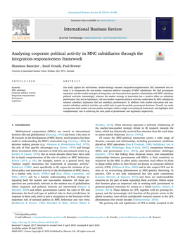 Analysing Corporate Political Activity in MNC Subsidiaries Through the T Integration-Responsiveness Framework ⁎ Shantanu Banerjee , Sunil Venaik, Paul Brewer