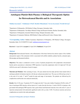 Autologous Platelet Rich Plasma-A Biological Therapeutic Option for Retrocalcaneal Bursitis and Its Associations