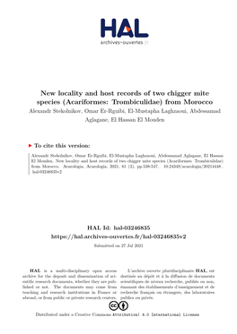 Acariformes: Trombiculidae) from Morocco Alexandr Stekolnikov, Omar Er-Rguibi, El-Mustapha Laghzaoui, Abdessamad Aglagane, El Hassan El Mouden