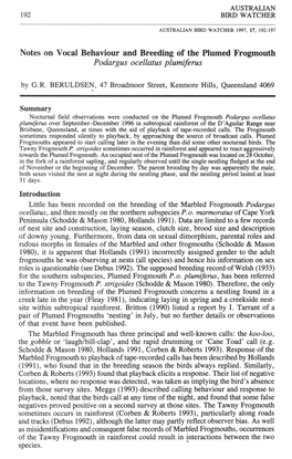 Notes on Vocal Behaviour and Breeding of the Plumed Frogmouth Podargus Ocellatus Plumiferus by G.R