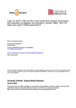 Lash, D. (2017). Film As Film in the Twenty-First Century: the Function and Evaluation of Diegesis and Disruption