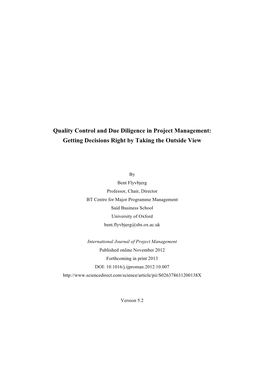 Quality Control and Due Diligence in Project Management: Getting Decisions Right by Taking the Outside View