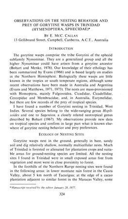 Observations on the Nesting Behavior and Prey of Gorytine Wasps in Trinidad (Hymenoptera, Sphecidae)*