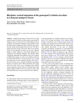 Rhythmic Vertical Migration of the Gastropod Cerithidea Decollata in a Kenyan Mangrove Forest