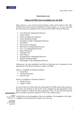Filing of EXOR's List of Candidates for The