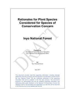 Rationales for Plant Species Considered for Species of Conservation Concern Inyo National Forest