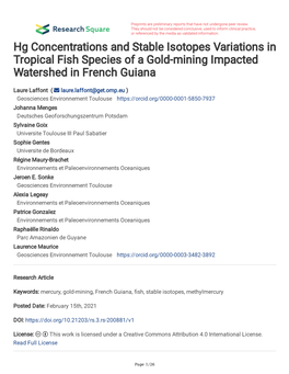 Hg Concentrations and Stable Isotopes Variations in Tropical Fish Species of a Gold-Mining Impacted Watershed in French Guiana