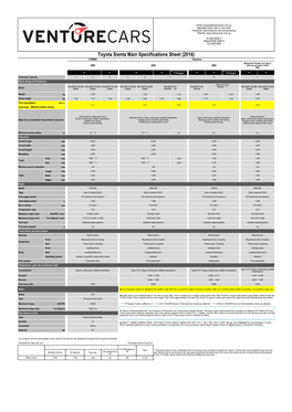 Toyota Sienta Main Specifications Sheet (2016) HYBRID Gasoline Wheelchair-Friendly Car (Type I) 2WD 2WD 4WD "With Second Seat in Front" 2WD