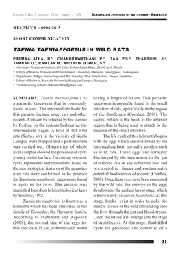 Taenia Taeniaeformis in Wild Rats