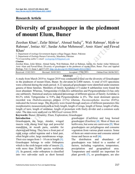 Diversity of Grasshopper in the Piedmont of Mount Elum, Buner