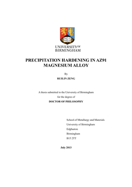 Precipitation Hardening in Az91 Magnesium Alloy