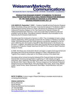 Production Designer Robert Stromberg to Receive Hollywood Film Festival's Hollywood Production Designer of the Year Award At