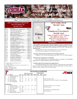 2014-15 FORDHAM UNIVERSITY MEN's BASKETBALL NOTES Game 1