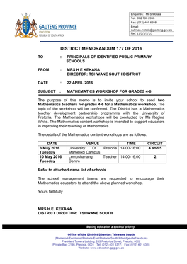 District Memorandum 177 of 2016