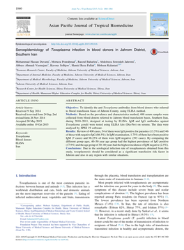 Seroepidemiology of Toxoplasma Infection in Blood Donors in Jahrom District, Southern Iran