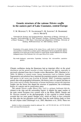 Genetic Structure of the Vairone Telestes Souffia in the Eastern Part of Lake Constance, Central Europe