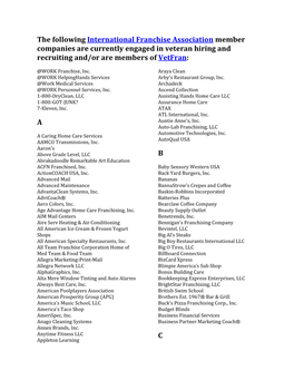 The Following International Franchise Association Member Companies Are Currently Engaged in Veteran Hiring and Recruiting And/Or Are Members of Vetfran
