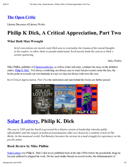 Philip K Dick, a Critical Appreciation, Part Two