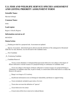 U.S. Fish and Wildlife Service Species Assessment and Listing Priority Assignment Form