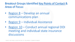 Develop an Annual Communications Plan • Region 9 – Individual Assistance • Region 10 – Conduct Annual Regional DOI Meeting and Individual State Insurance Discussions