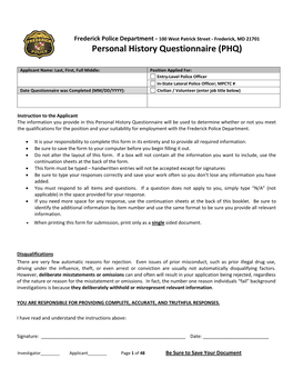 Personal History Questionaire (Pdf) Download