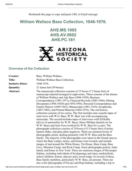 William Wallace Bass Collection, 18481976. AHS.MS.1065 AHS.AV.0602 AHS.PC.181