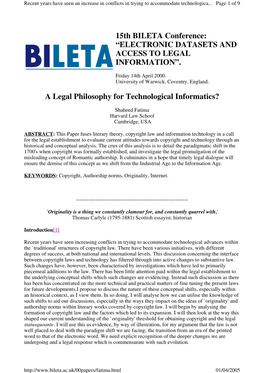 A Legal Philosophy for Technological Informatics? 15Th BILETA