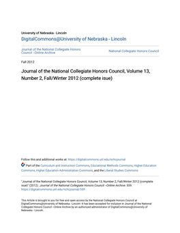 Journal of the National Collegiate Honors Council, Volume 13, Number 2, Fall/Winter 2012 (Complete Isue)