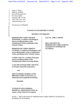 DECLARATION of HEREDITARY CHIEF JOHNNY JACKSON in SUPPORT of STANDING Case 3:08-Cv-01169-ST Document 151 Filed 05/07/12 Page 2 of 15 Page ID#: 1951