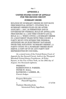 Appendix a United States Court of Appeals for the Second Circuit Summary Order Rulings by Summary Order Do Not Have Precedential Effect